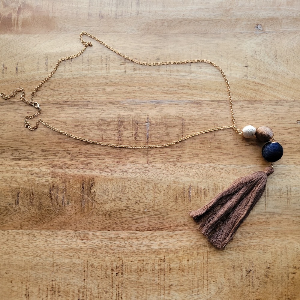 Boho Tassel Beaded Necklace Gold Chain Multi Color Beads Dark Blue Brown‎ Beige